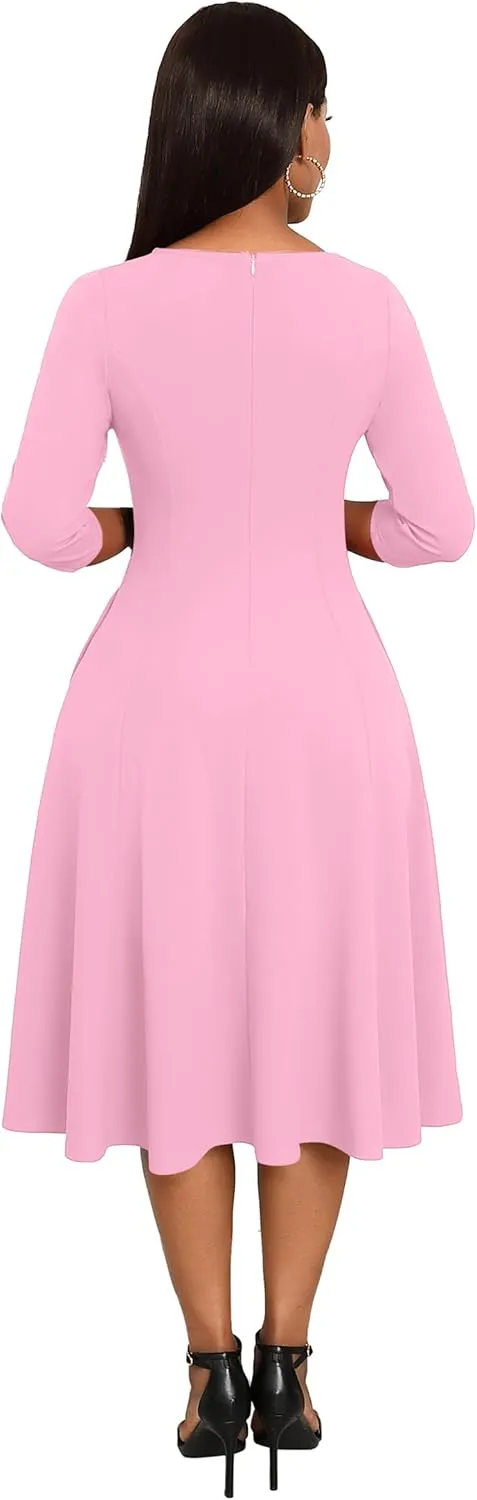 Nmoder Midi Dresses for Women A-Line Fit and Flare Dress 3/4 Sleeve V Neck Cocktail Wedding Guest Work Dress with Pockets