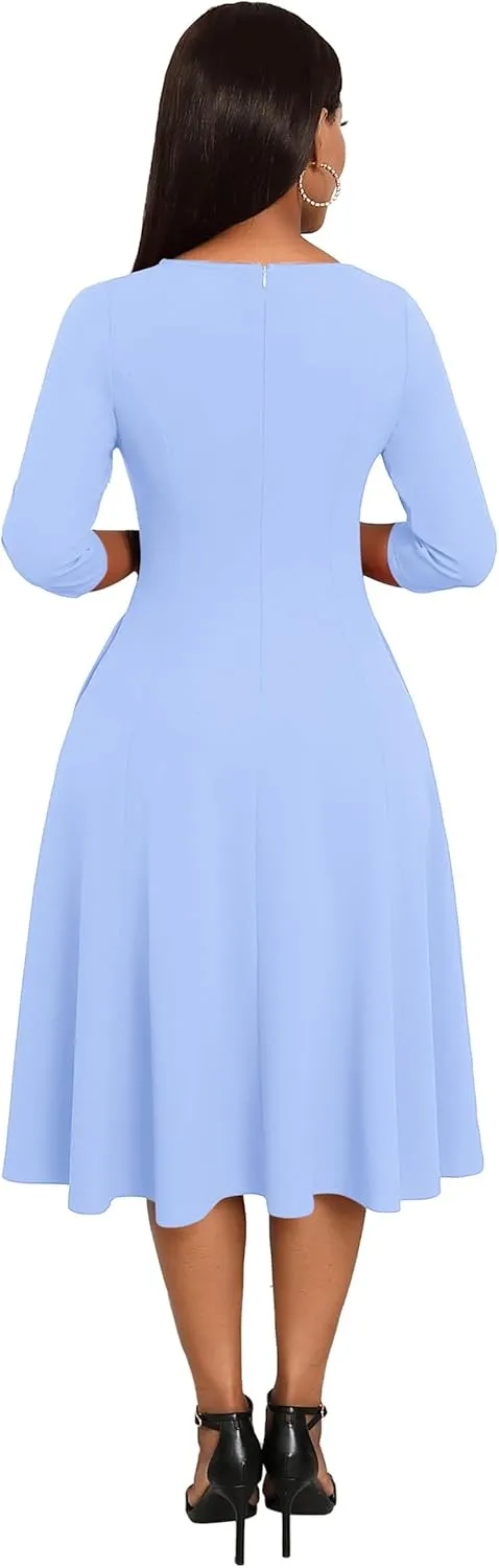 Nmoder Midi Dresses for Women A-Line Fit and Flare Dress 3/4 Sleeve V Neck Cocktail Wedding Guest Work Dress with Pockets