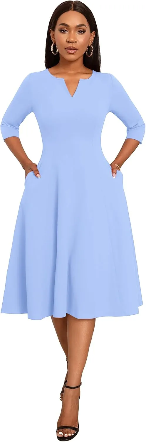 Nmoder Midi Dresses for Women A-Line Fit and Flare Dress 3/4 Sleeve V Neck Cocktail Wedding Guest Work Dress with Pockets
