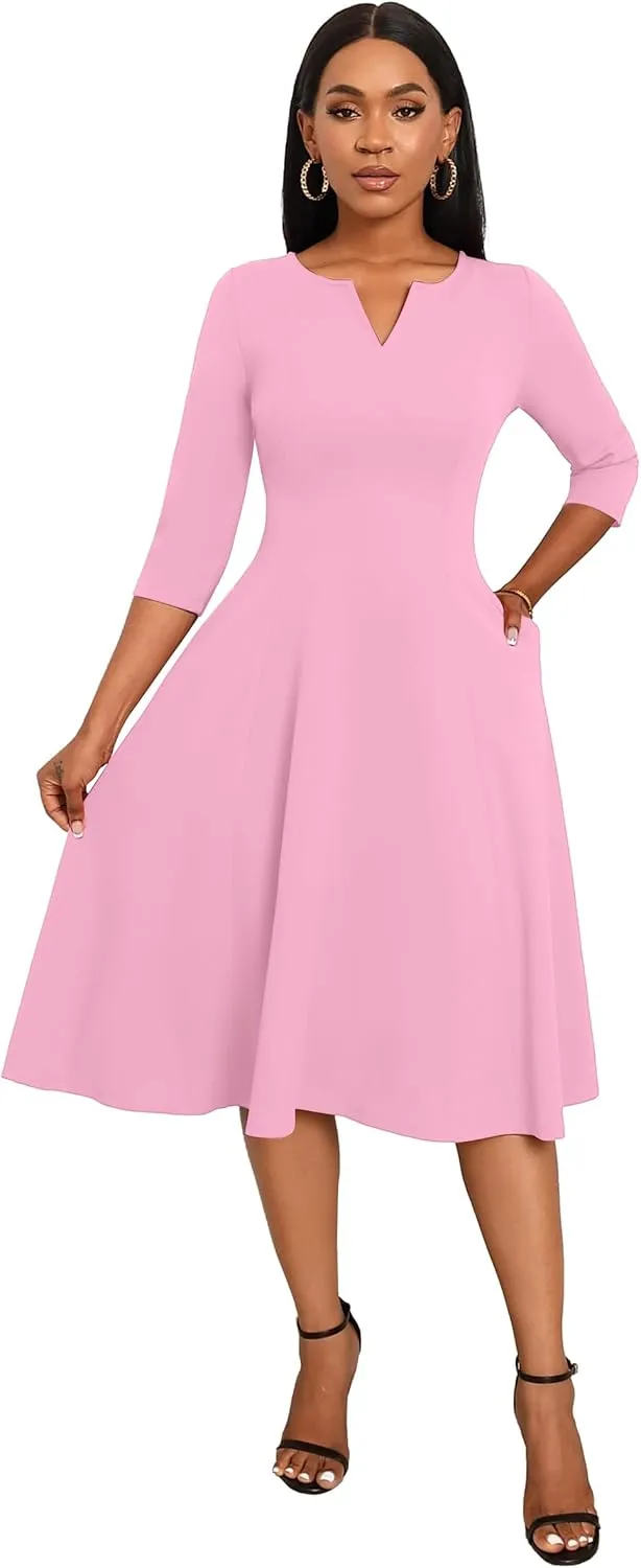Nmoder Midi Dresses for Women A-Line Fit and Flare Dress 3/4 Sleeve V Neck Cocktail Wedding Guest Work Dress with Pockets