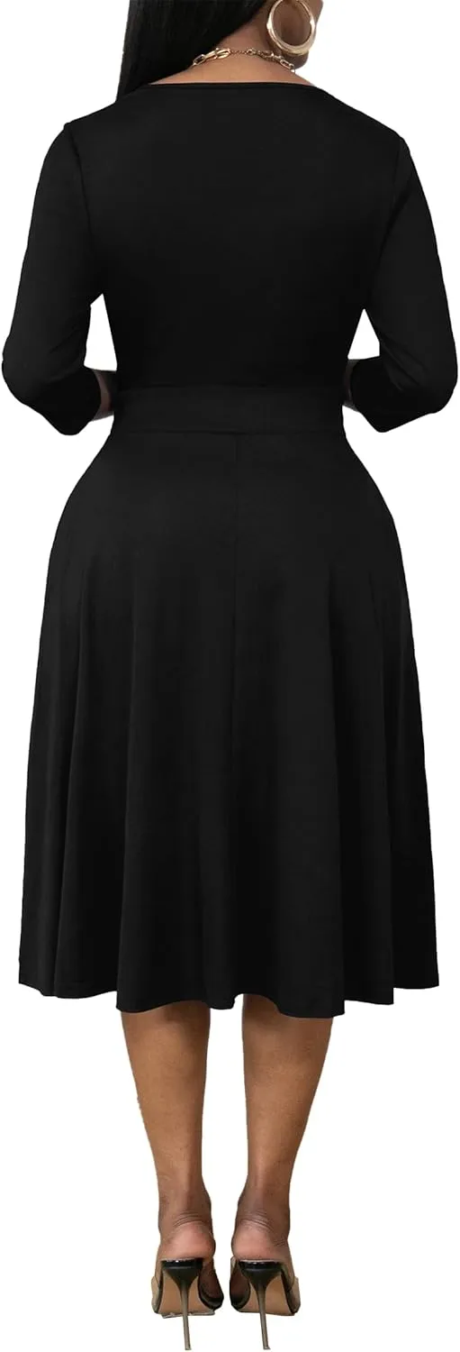 Nmoder Women's Wrap Dress Cocktail Church Wedding Midi Dress A-Line V Neck 3/4 Sleeve Casual Dresses with Pockets