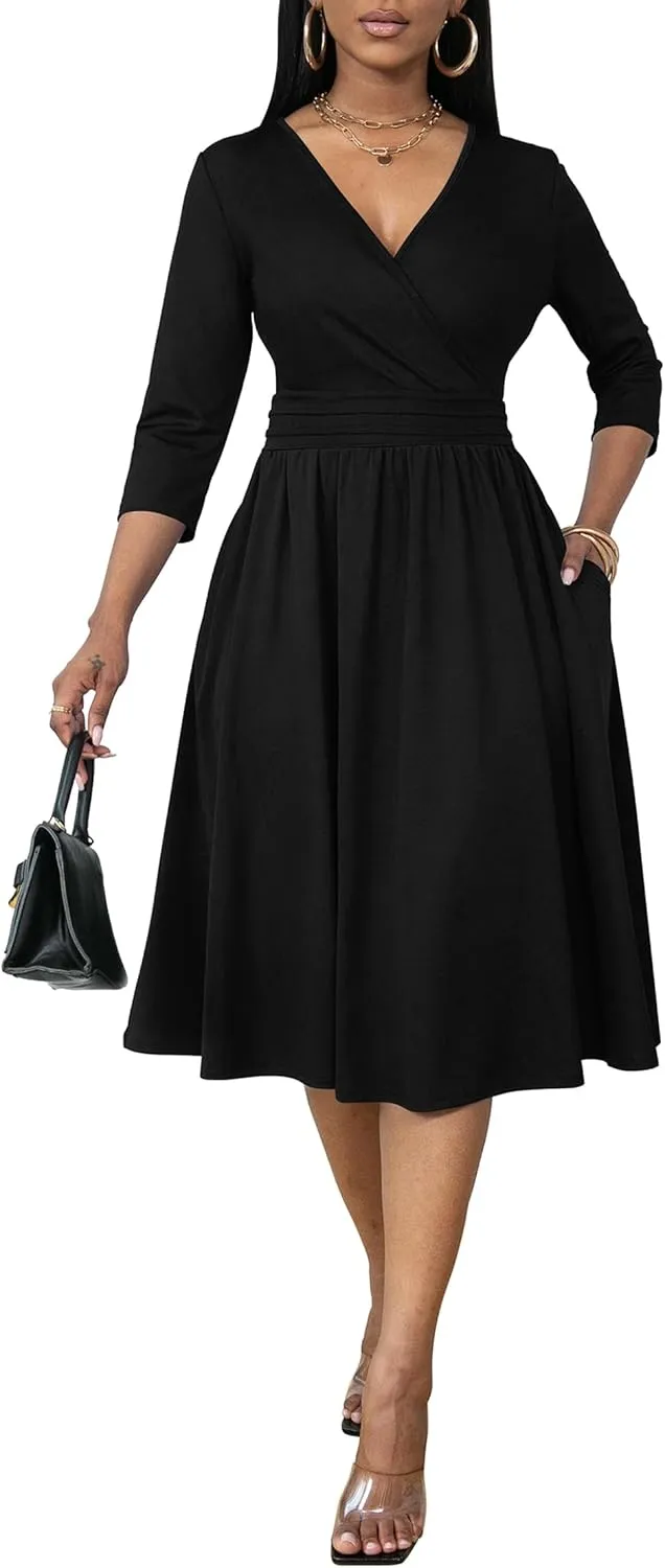 Nmoder Women's Wrap Dress Cocktail Church Wedding Midi Dress A-Line V Neck 3/4 Sleeve Casual Dresses with Pockets