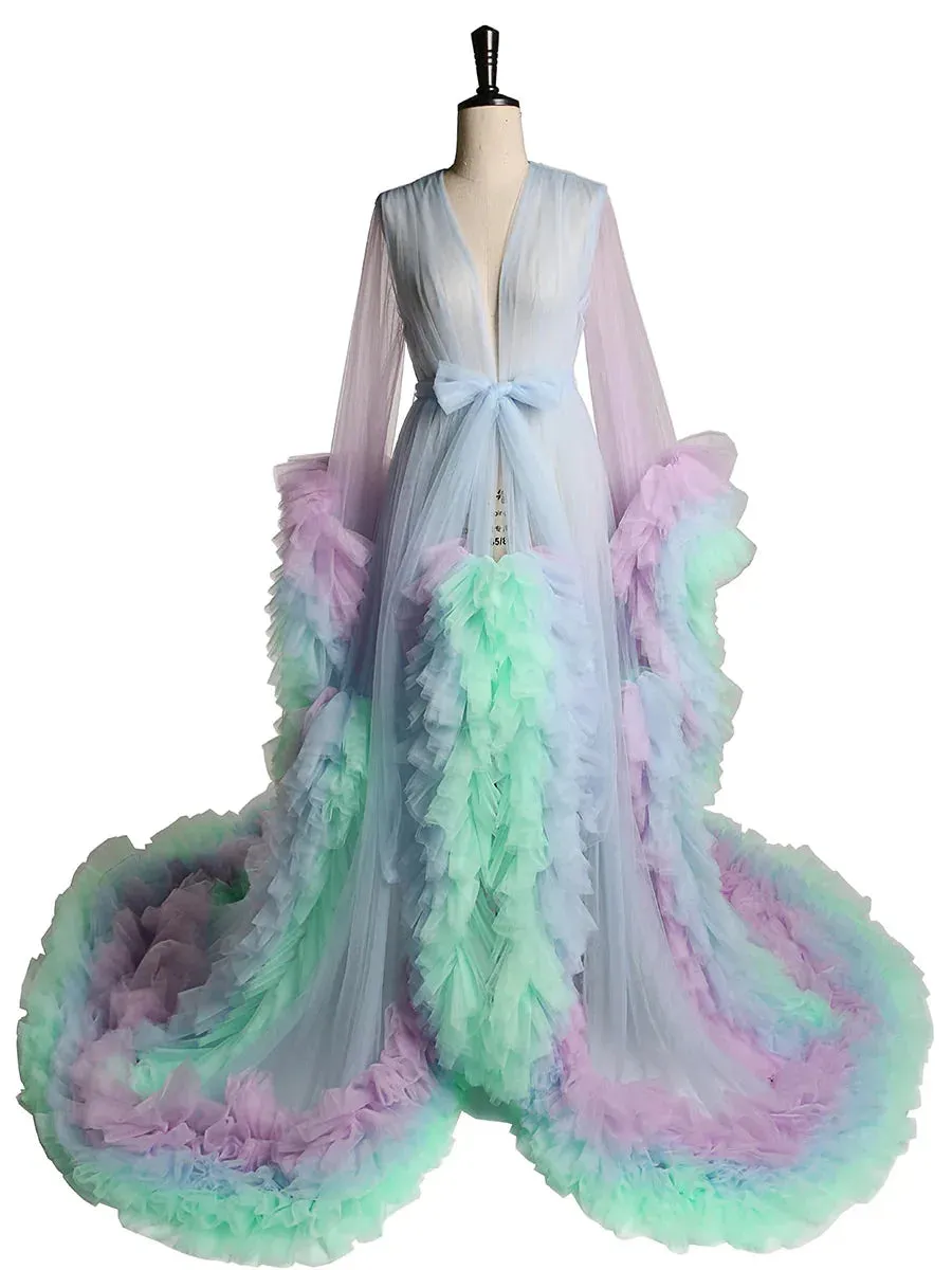 Pastel Long Sleeve Women V Neck Ruffled  Luxury Robe