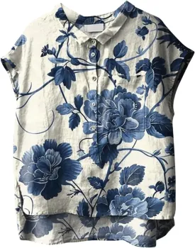 Plus Size Sleeveless Tops for Women Japanese Art Style Shirt Novelty Graphic Top V Neck Oversize Vintage Linen Outfits