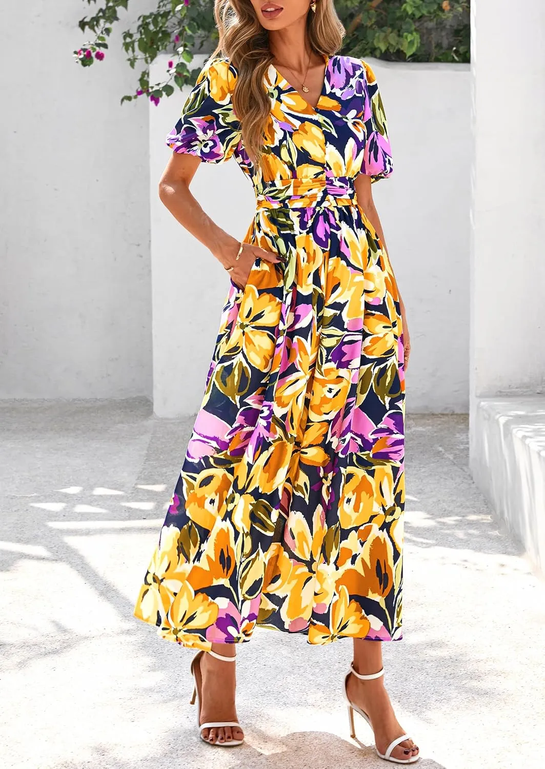 PRETTYGARDEN Summer Maxi Dresses for Women 2025 Floral V Neck Puff Sleeve Empire Waist A Line Flowy Long Beach Boho Dress