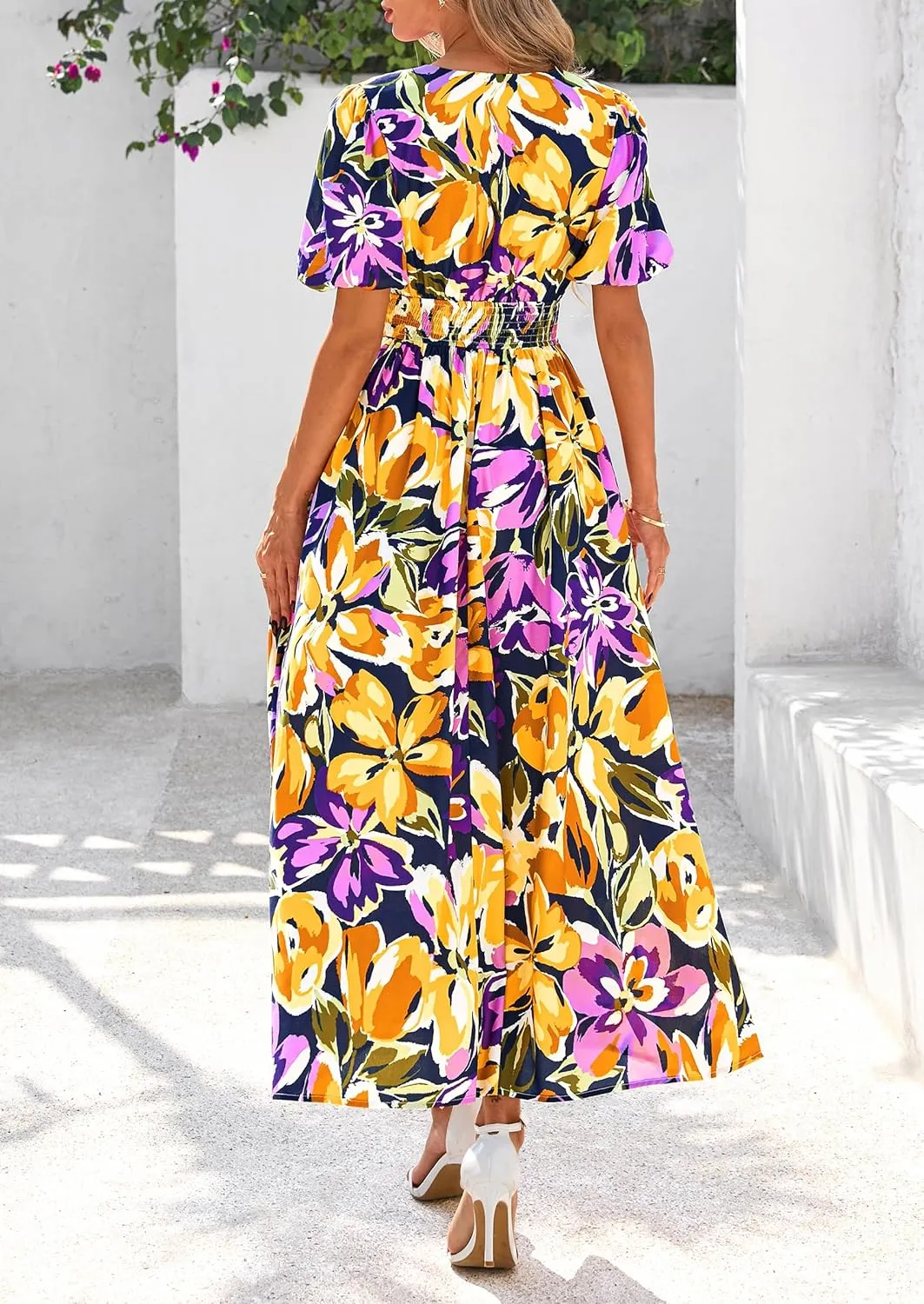 PRETTYGARDEN Summer Maxi Dresses for Women 2025 Floral V Neck Puff Sleeve Empire Waist A Line Flowy Long Beach Boho Dress
