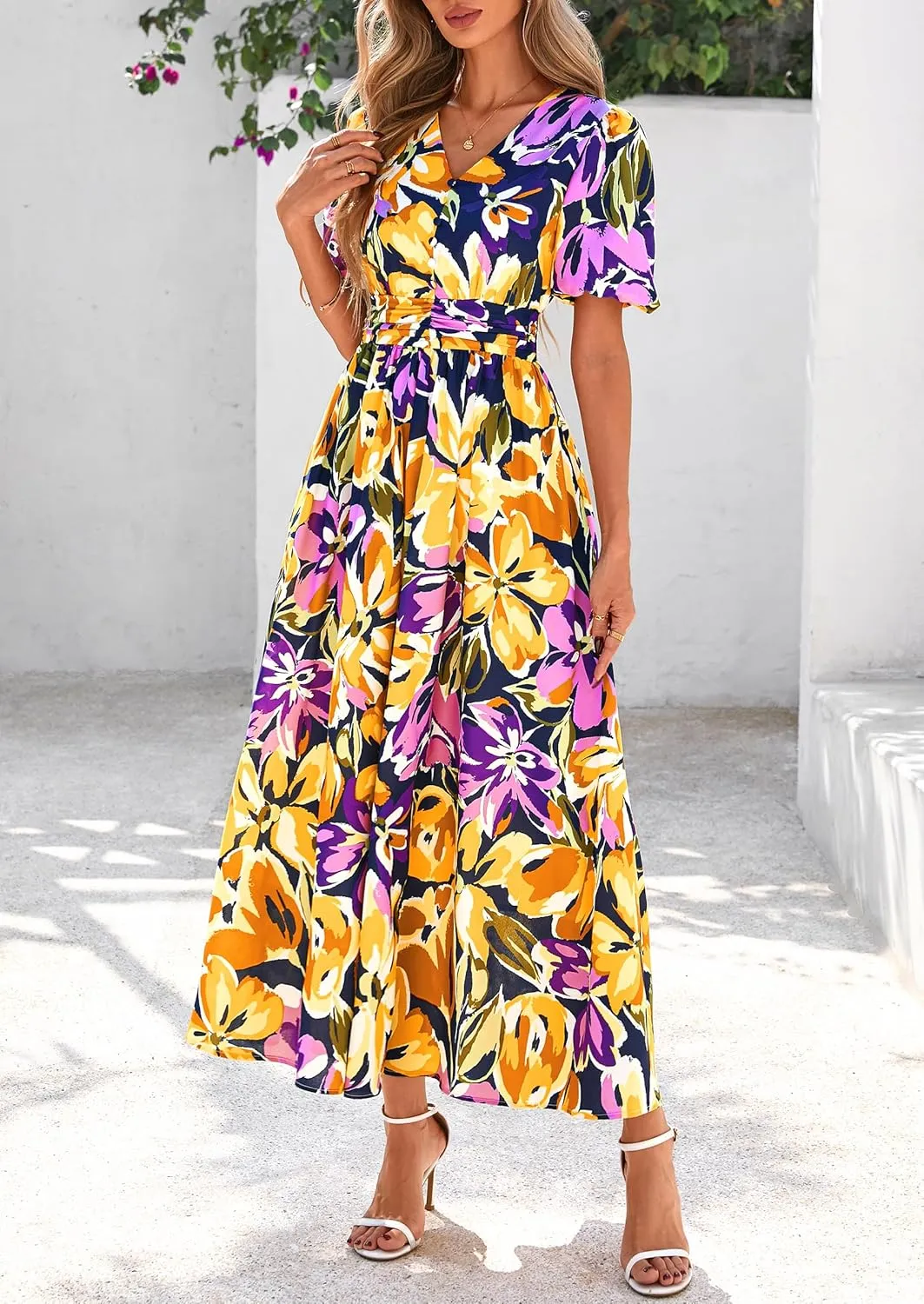PRETTYGARDEN Summer Maxi Dresses for Women 2025 Floral V Neck Puff Sleeve Empire Waist A Line Flowy Long Beach Boho Dress