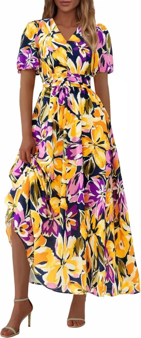 PRETTYGARDEN Summer Maxi Dresses for Women 2025 Floral V Neck Puff Sleeve Empire Waist A Line Flowy Long Beach Boho Dress