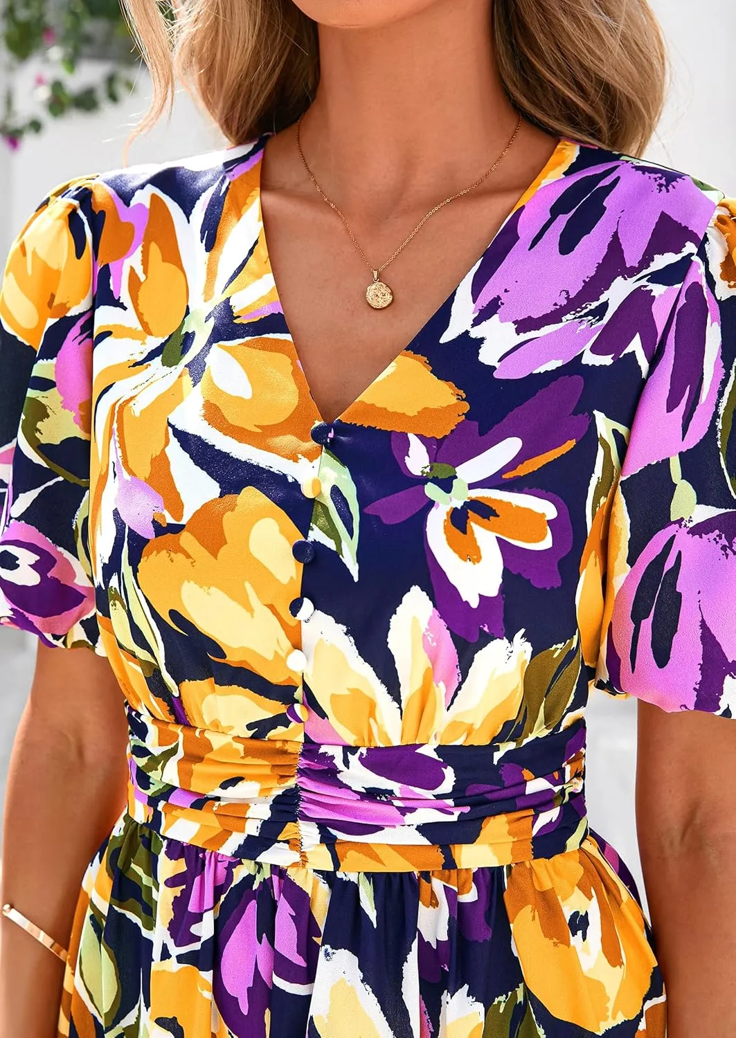 PRETTYGARDEN Summer Maxi Dresses for Women 2025 Floral V Neck Puff Sleeve Empire Waist A Line Flowy Long Beach Boho Dress