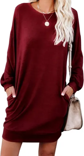 PrinStory Women's Long Sleeves Dresses Causal Loose Round-Neck Tuinc Tops Basic Dress with Side Pockets