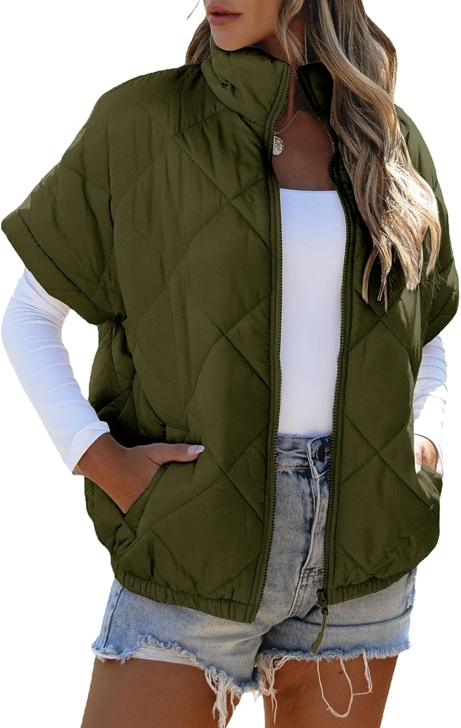 SHEWIN Quilted Jackets For Women 2024 Casual Lightweight Short Sleeve Zip Up Warm Vests
