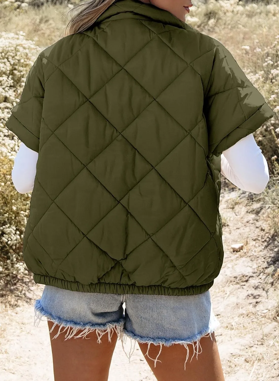 SHEWIN Quilted Jackets For Women 2024 Casual Lightweight Short Sleeve Zip Up Warm Vests