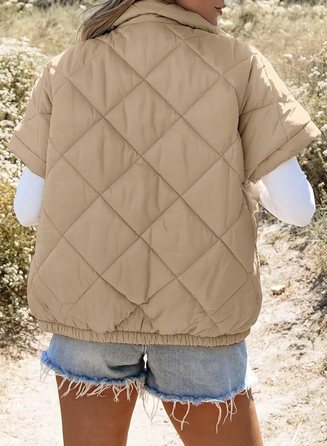 SHEWIN Quilted Jackets For Women 2024 Casual Lightweight Short Sleeve Zip Up Warm Vests
