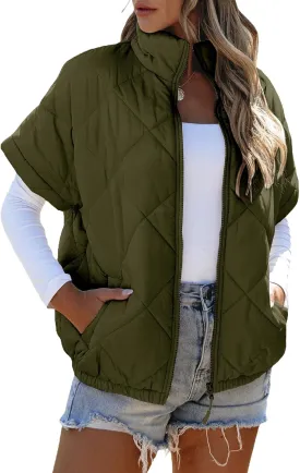 SHEWIN Quilted Jackets For Women 2024 Casual Lightweight Short Sleeve Zip Up Warm Vests