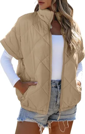 SHEWIN Quilted Jackets For Women 2024 Casual Lightweight Short Sleeve Zip Up Warm Vests