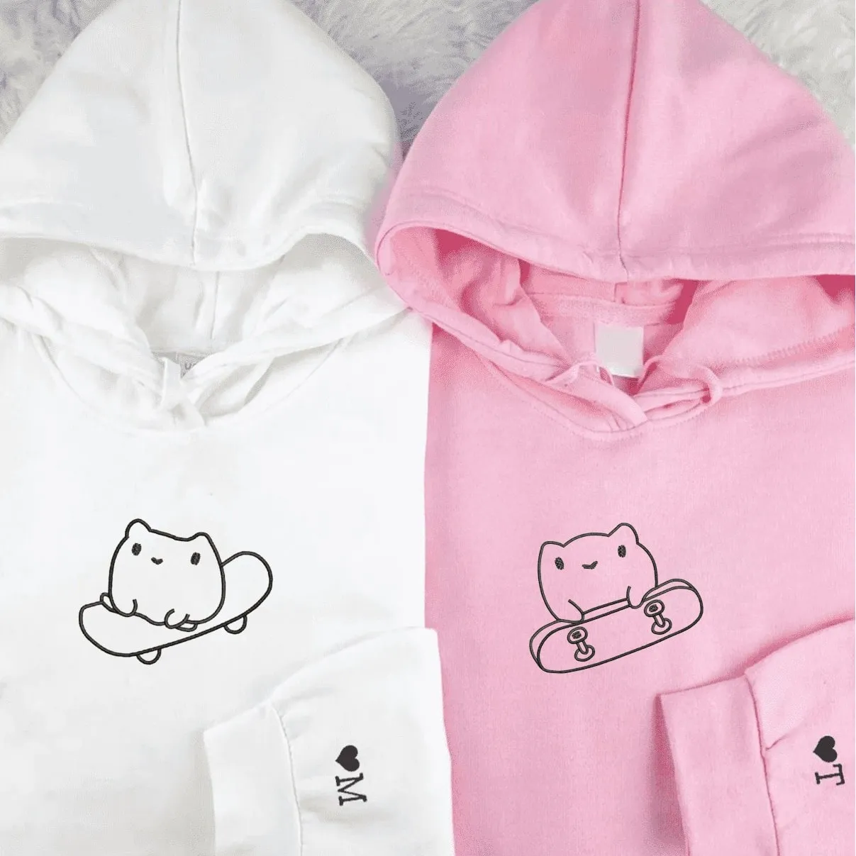 Skateboard Frog Couple Matching Hoodies - Custom Embroidered Sweatshirts For Couples