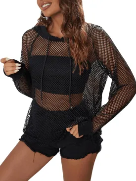Verdusa Women's Hollow Out Drawstring Hoodies Long Sleeve Sheer Hooded Sweatshirt Tops