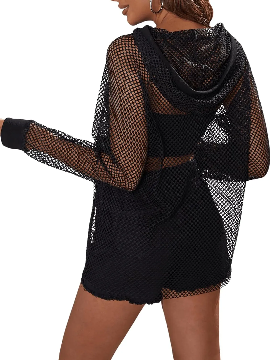 Verdusa Women's Hollow Out Drawstring Hoodies Long Sleeve Sheer Hooded Sweatshirt Tops
