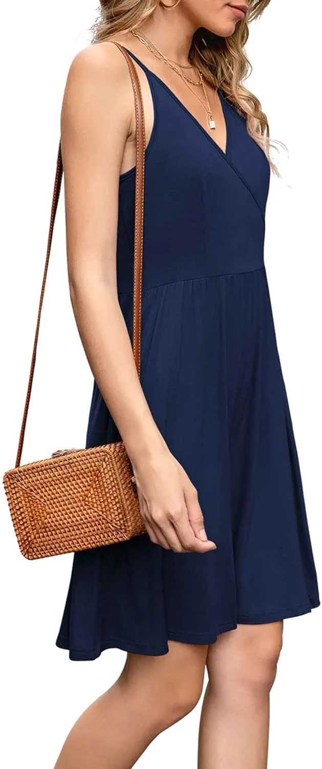 WEACZZY Women's 2025 Summer Dresses V Neck Spaghetti Strap Sundress Casual Beach Flowy Mini Dress with Pockets