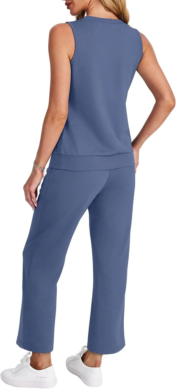 WIHOLL Two Piece Set for Women Summer Outfits Vacation Trendy Lounge Sets V Neck Matching Sets