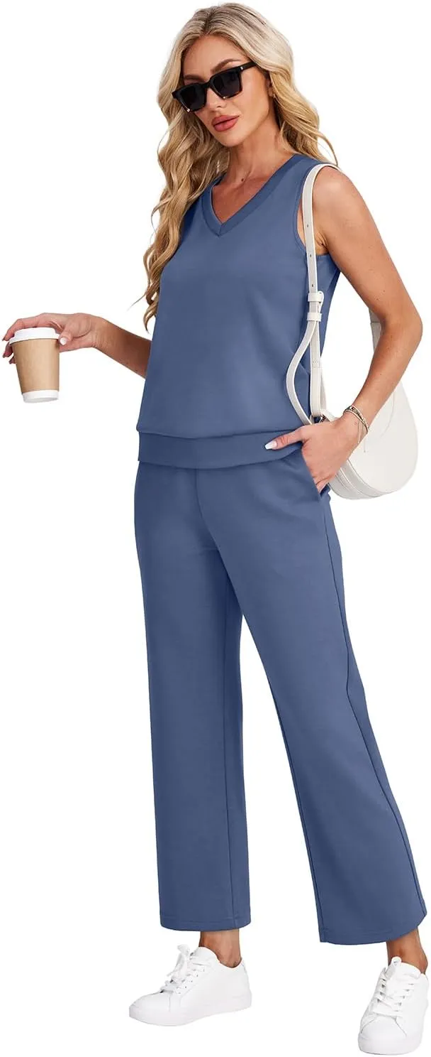 WIHOLL Two Piece Set for Women Summer Outfits Vacation Trendy Lounge Sets V Neck Matching Sets
