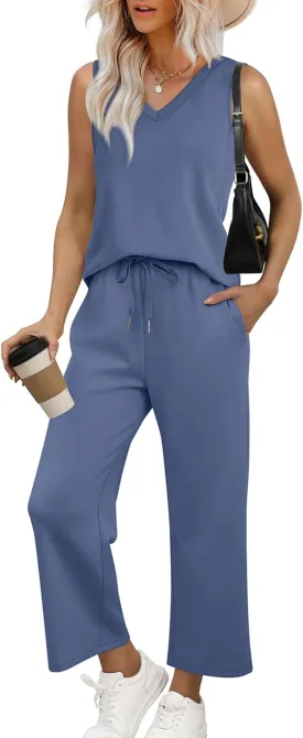 WIHOLL Two Piece Set for Women Summer Outfits Vacation Trendy Lounge Sets V Neck Matching Sets