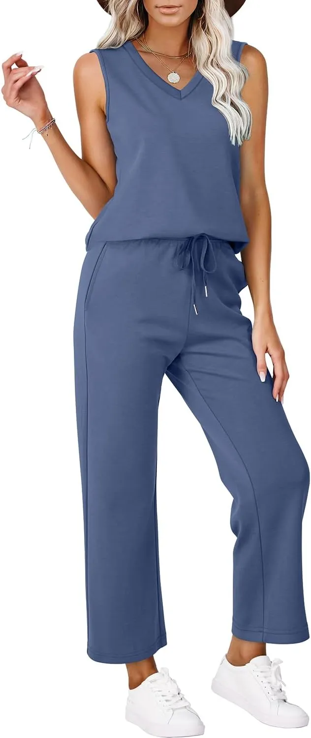 WIHOLL Two Piece Set for Women Summer Outfits Vacation Trendy Lounge Sets V Neck Matching Sets