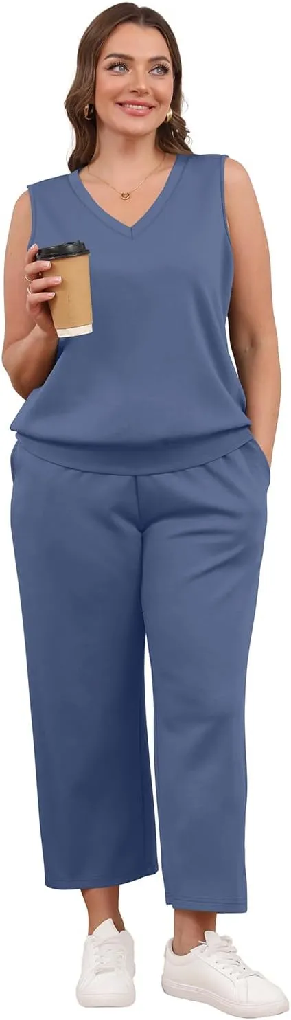WIHOLL Two Piece Set for Women Summer Outfits Vacation Trendy Lounge Sets V Neck Matching Sets