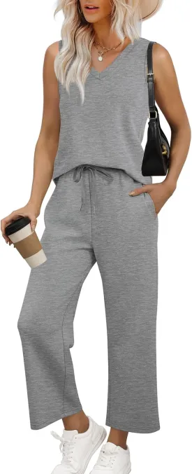 WIHOLL Two Piece Set for Women Summer Outfits Vacation Trendy Lounge Sets V Neck Matching Sets