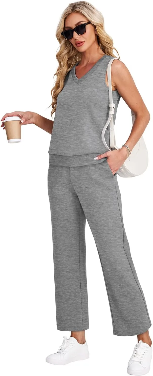 WIHOLL Two Piece Set for Women Summer Outfits Vacation Trendy Lounge Sets V Neck Matching Sets