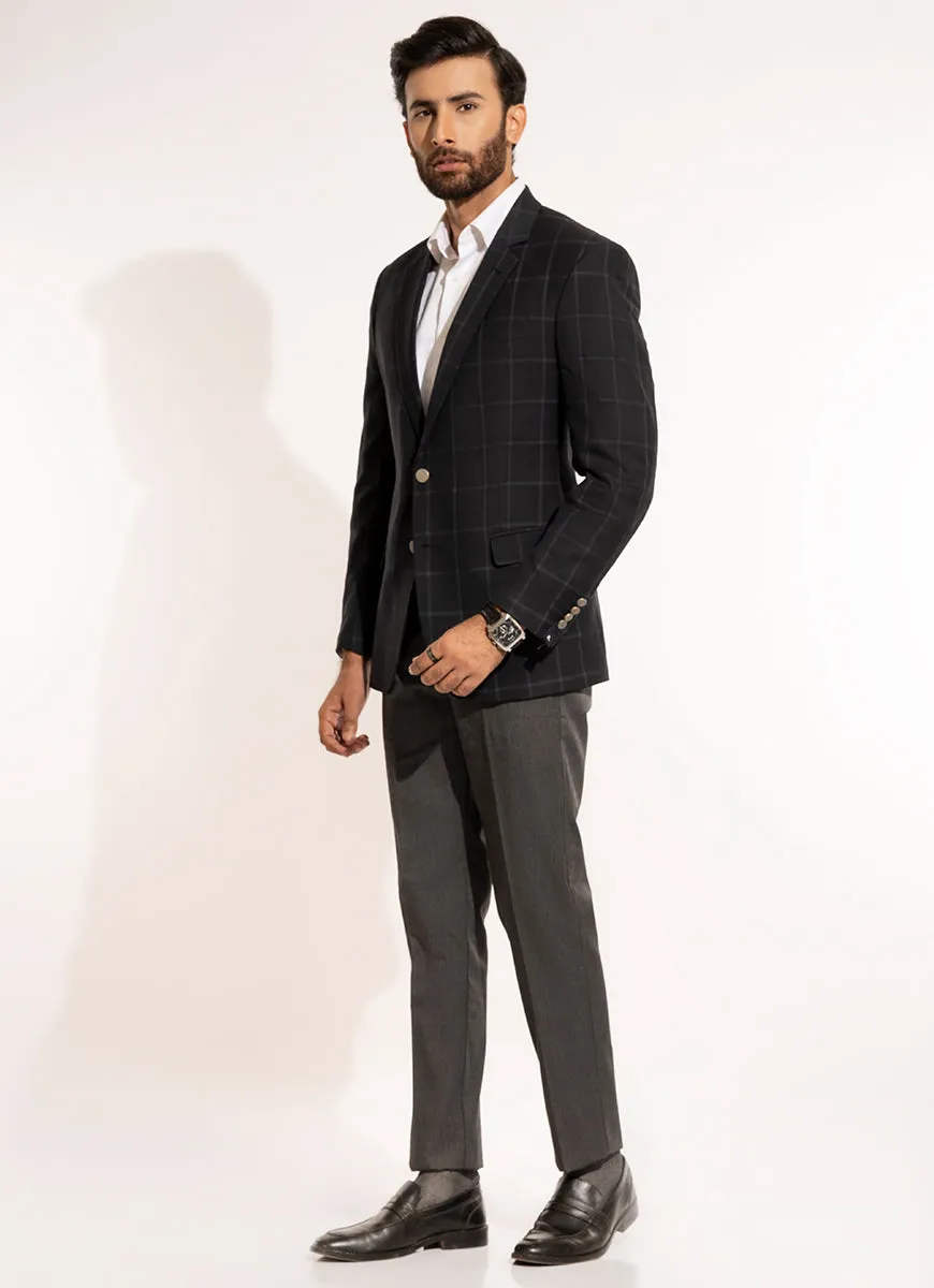 Windowpane Checks-Dark Grey, Regular Fit, Hi-End Poly Viscose, Classic Blazer