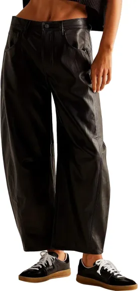 Women Faux Leather Pants Low Rise Baggy Barrel Jeans Wide Leg Trousers with Pockets