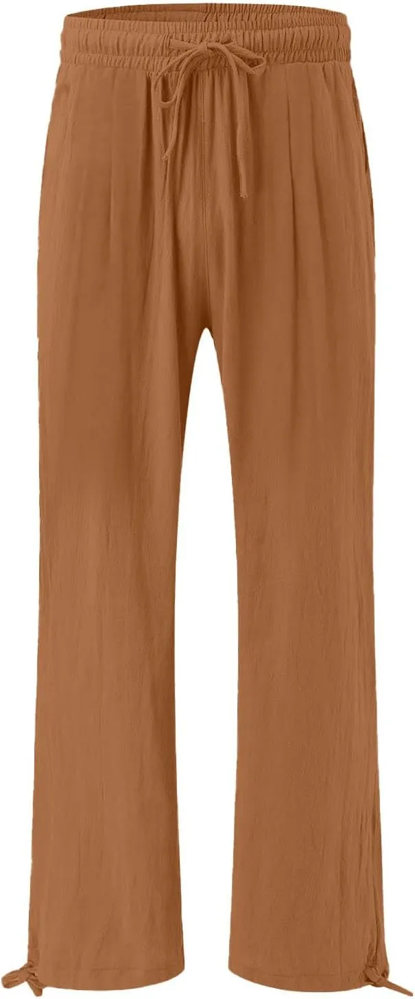 Women's Linen Summer Palazzo Pant Flowy Wide Leg Beach Pants High Waist Work Trouser with Pocket