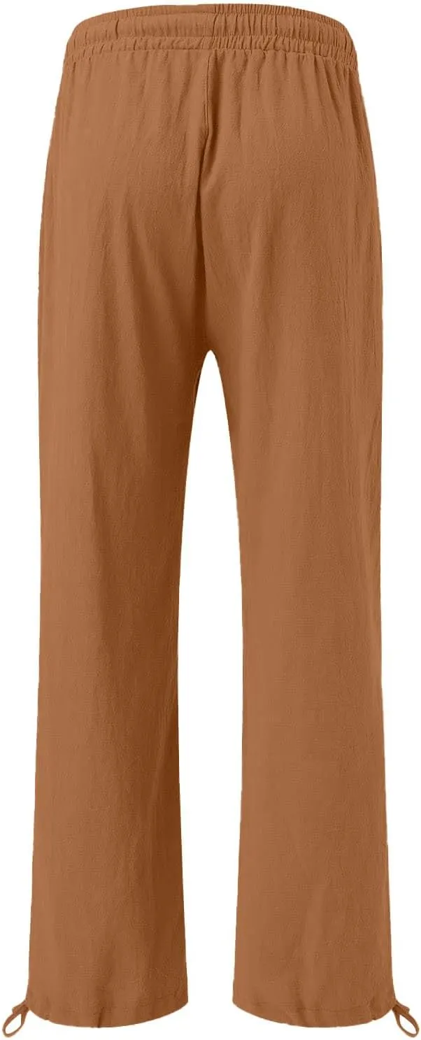 Women's Linen Summer Palazzo Pant Flowy Wide Leg Beach Pants High Waist Work Trouser with Pocket