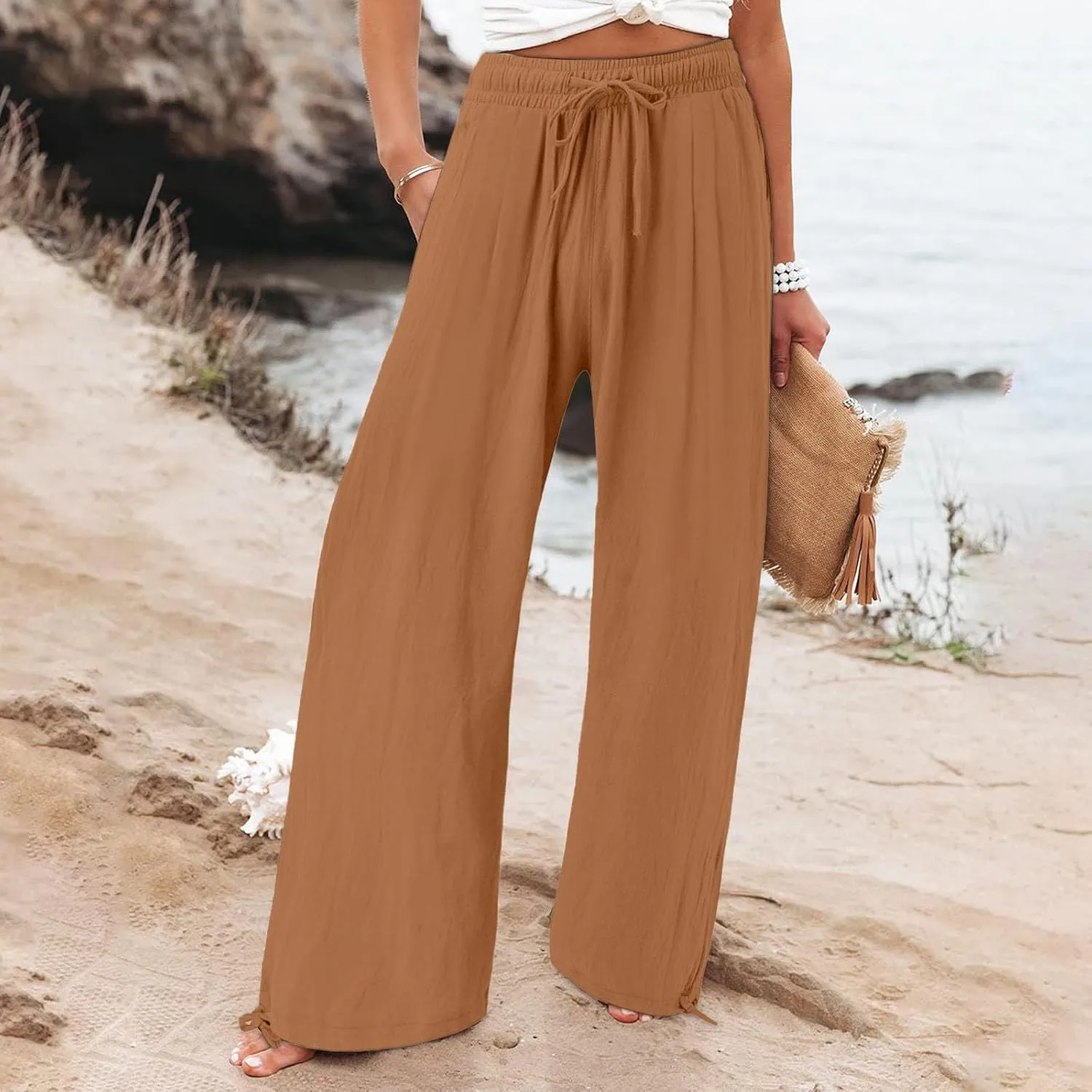 Women's Linen Summer Palazzo Pant Flowy Wide Leg Beach Pants High Waist Work Trouser with Pocket