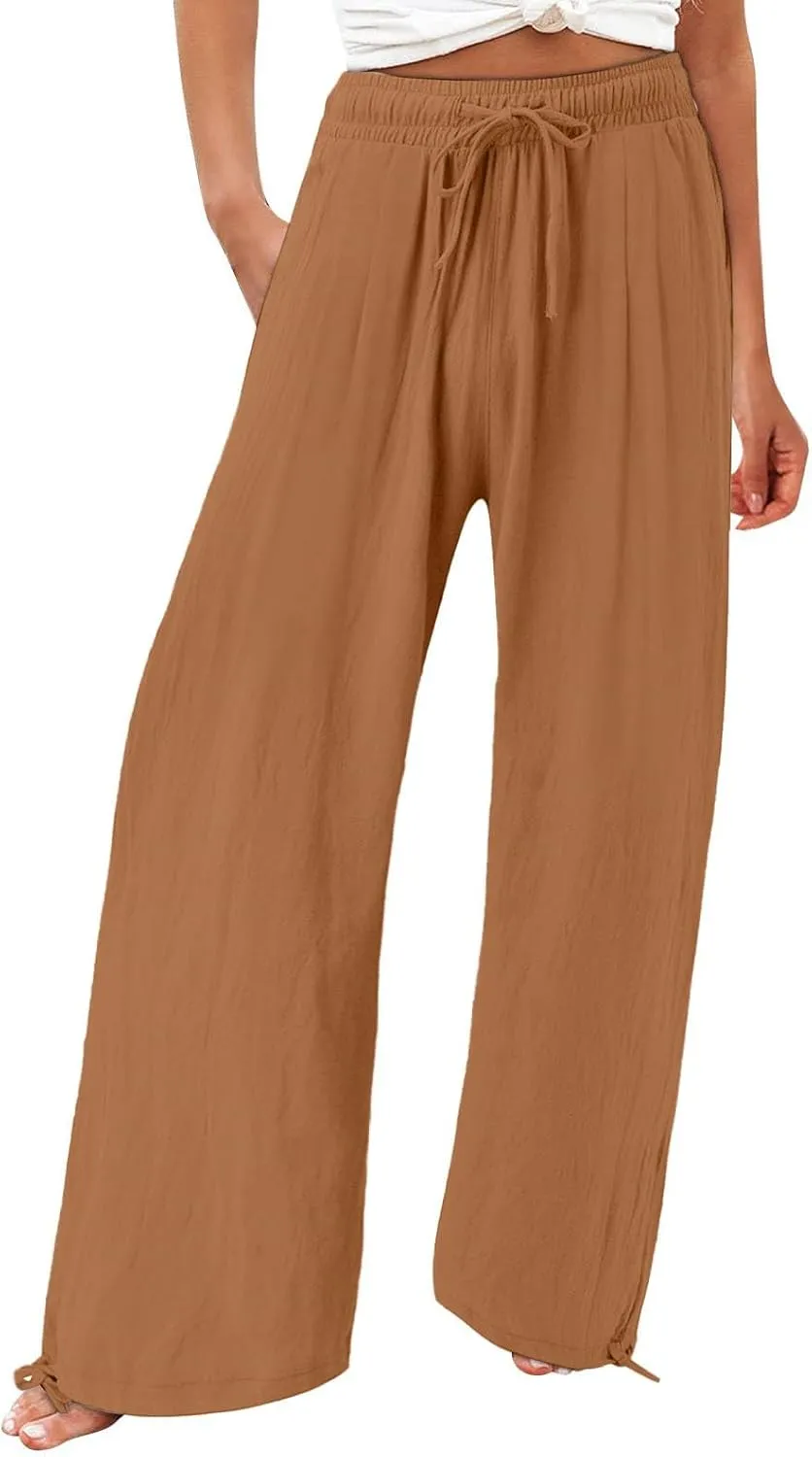 Women's Linen Summer Palazzo Pant Flowy Wide Leg Beach Pants High Waist Work Trouser with Pocket