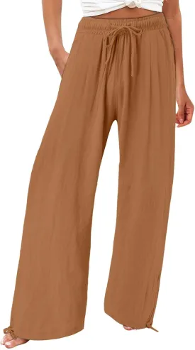 Women's Linen Summer Palazzo Pant Flowy Wide Leg Beach Pants High Waist Work Trouser with Pocket