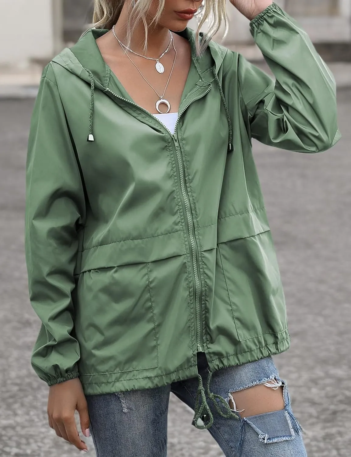 Women's Raincoats Lightweight Waterproof Windproof Adjustable Windbreaker Rain Jackets Hooded with Pockets S-XXL