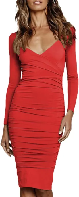 Women's Sexy V-Neck Dress Long Sleeve Split Bodycon Ruched Cocktail Party Midi Wrap Dress