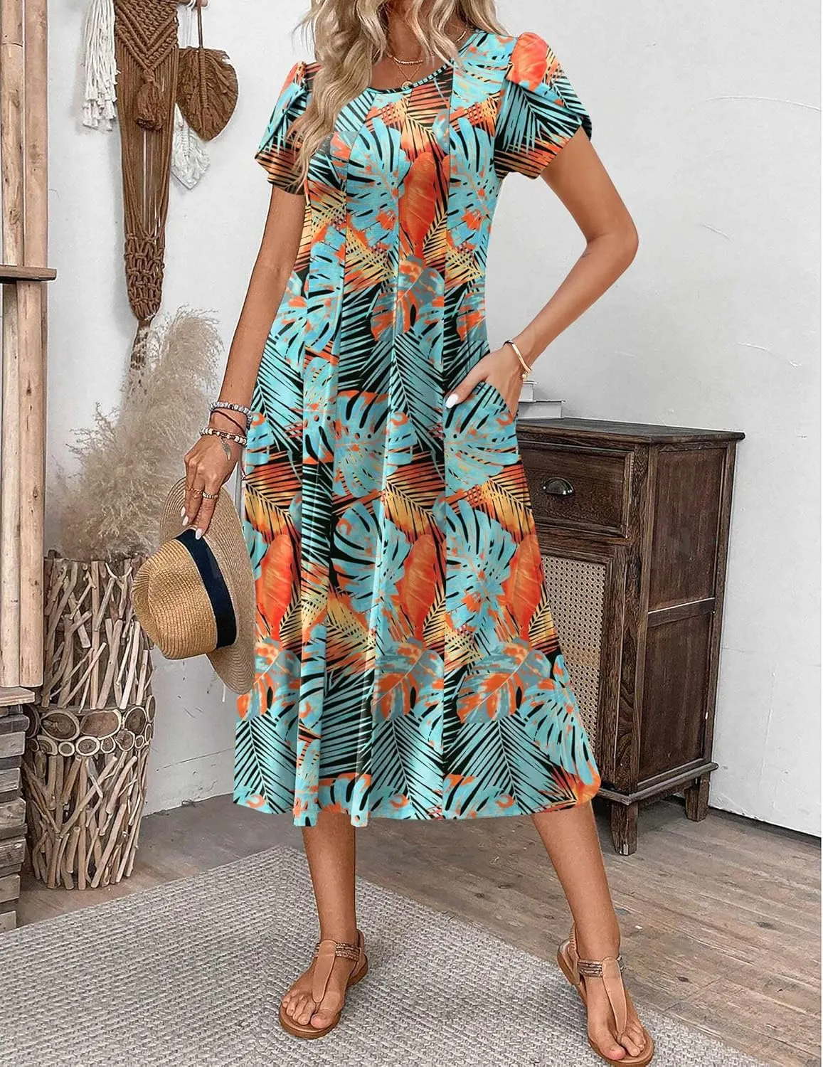 Zeagoo Womens Casual Dress for Summer Short Sleeve Pleated Dress Loose Flowy Beach Dress with Pockets Flare Midi Sundress