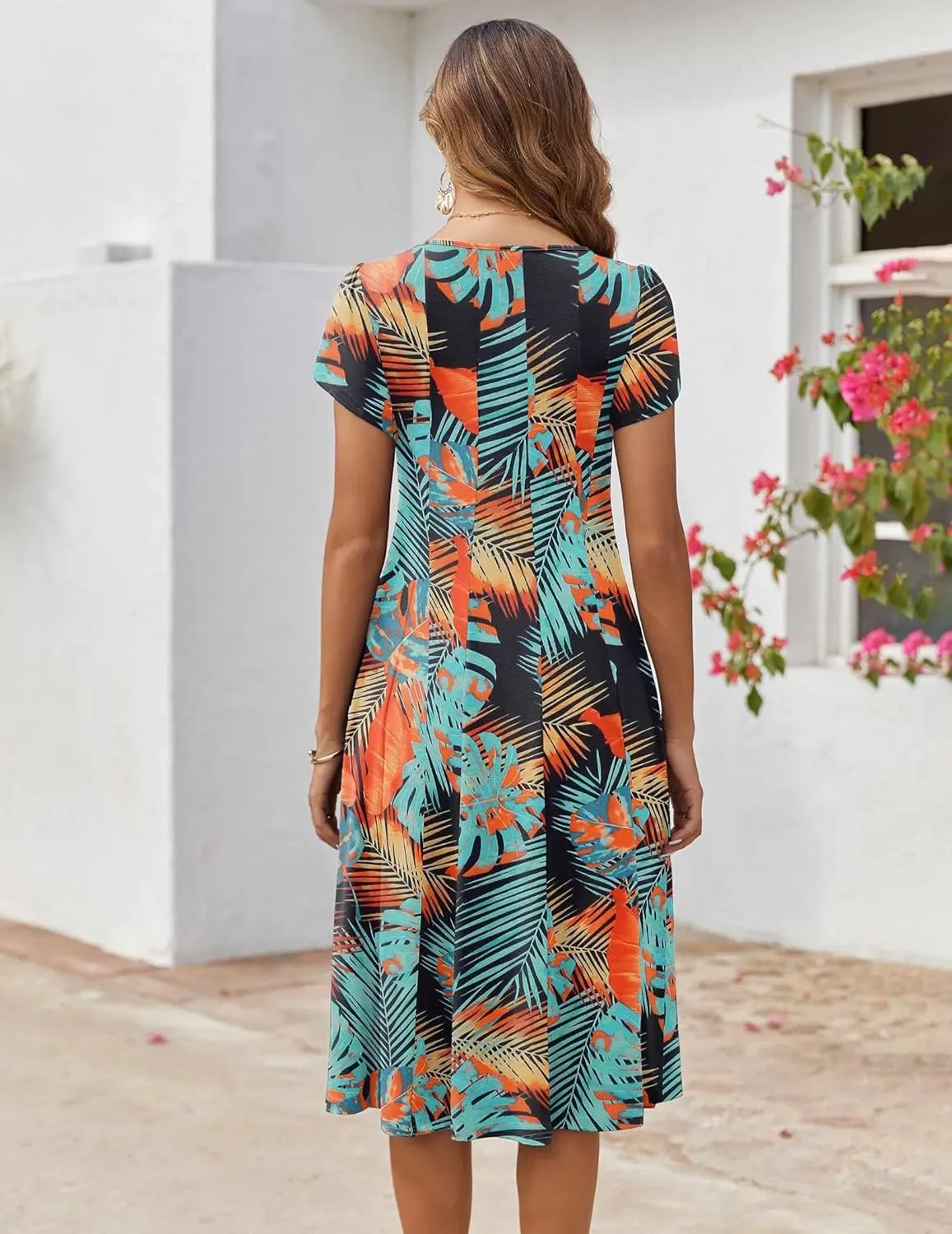 Zeagoo Womens Casual Dress for Summer Short Sleeve Pleated Dress Loose Flowy Beach Dress with Pockets Flare Midi Sundress