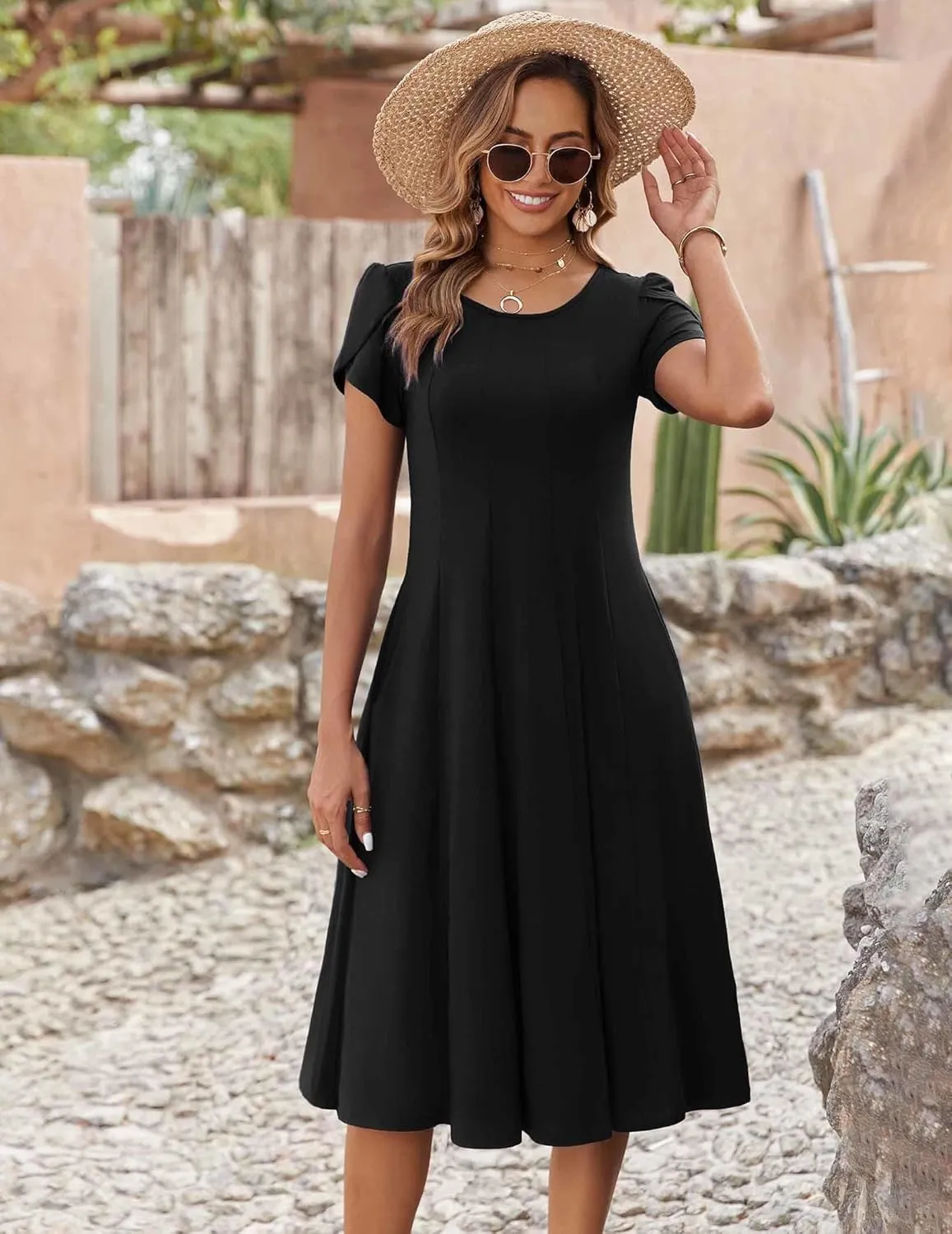 Zeagoo Womens Casual Dress for Summer Short Sleeve Pleated Dress Loose Flowy Beach Dress with Pockets Flare Midi Sundress