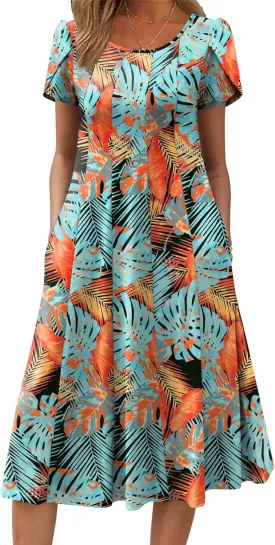 Zeagoo Womens Casual Dress for Summer Short Sleeve Pleated Dress Loose Flowy Beach Dress with Pockets Flare Midi Sundress