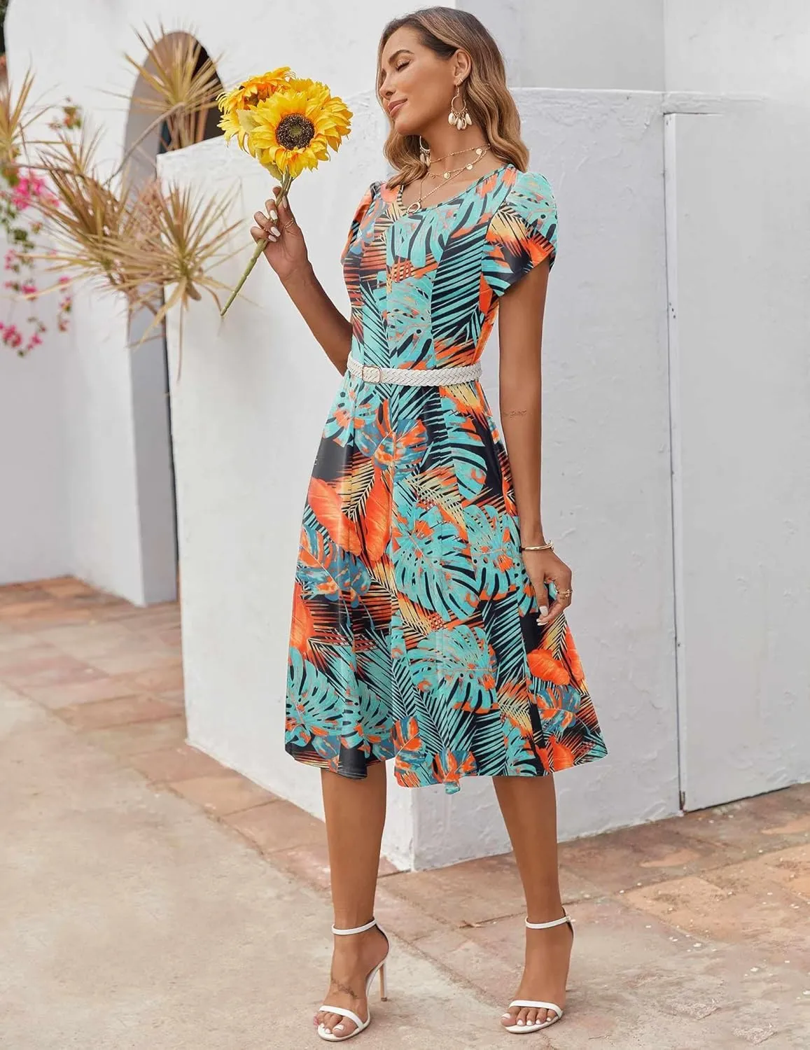 Zeagoo Womens Casual Dress for Summer Short Sleeve Pleated Dress Loose Flowy Beach Dress with Pockets Flare Midi Sundress
