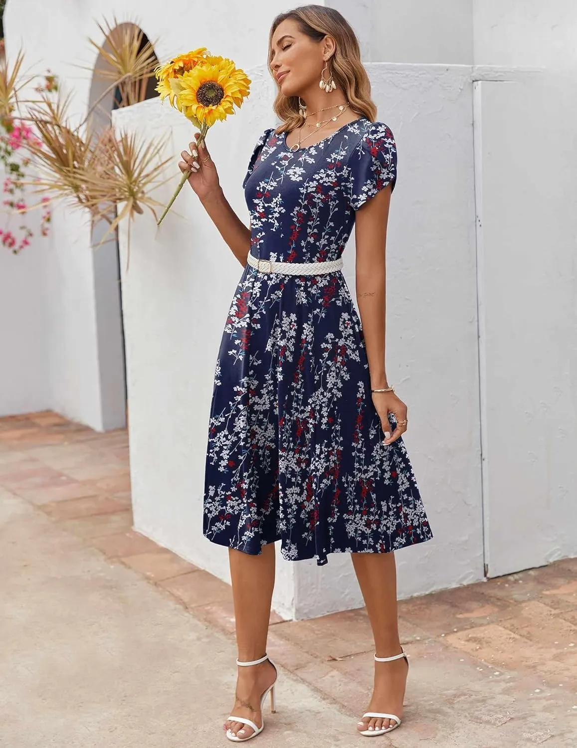 Zeagoo Womens Casual Dresses for Summer Short Sleeve Flare Midi Dress Loose Flowy Beach Sundress