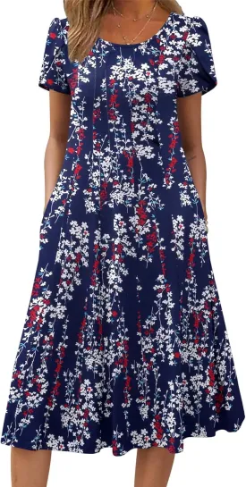 Zeagoo Womens Casual Dresses for Summer Short Sleeve Flare Midi Dress Loose Flowy Beach Sundress