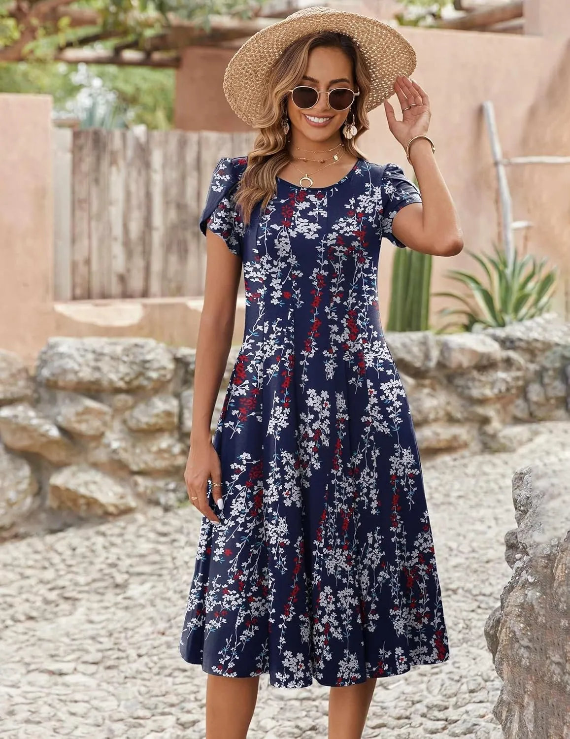 Zeagoo Womens Casual Dresses for Summer Short Sleeve Flare Midi Dress Loose Flowy Beach Sundress
