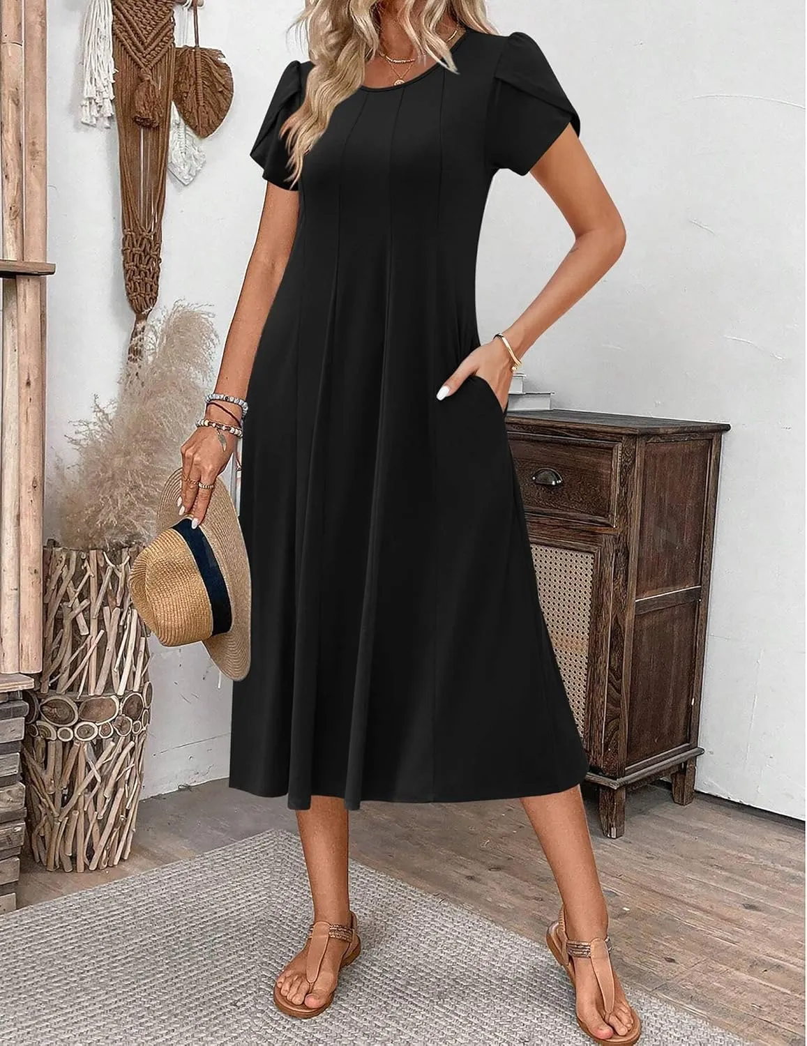 Zeagoo Womens Casual Dresses for Summer Short Sleeve Flare Midi Dress Loose Flowy Beach Sundress