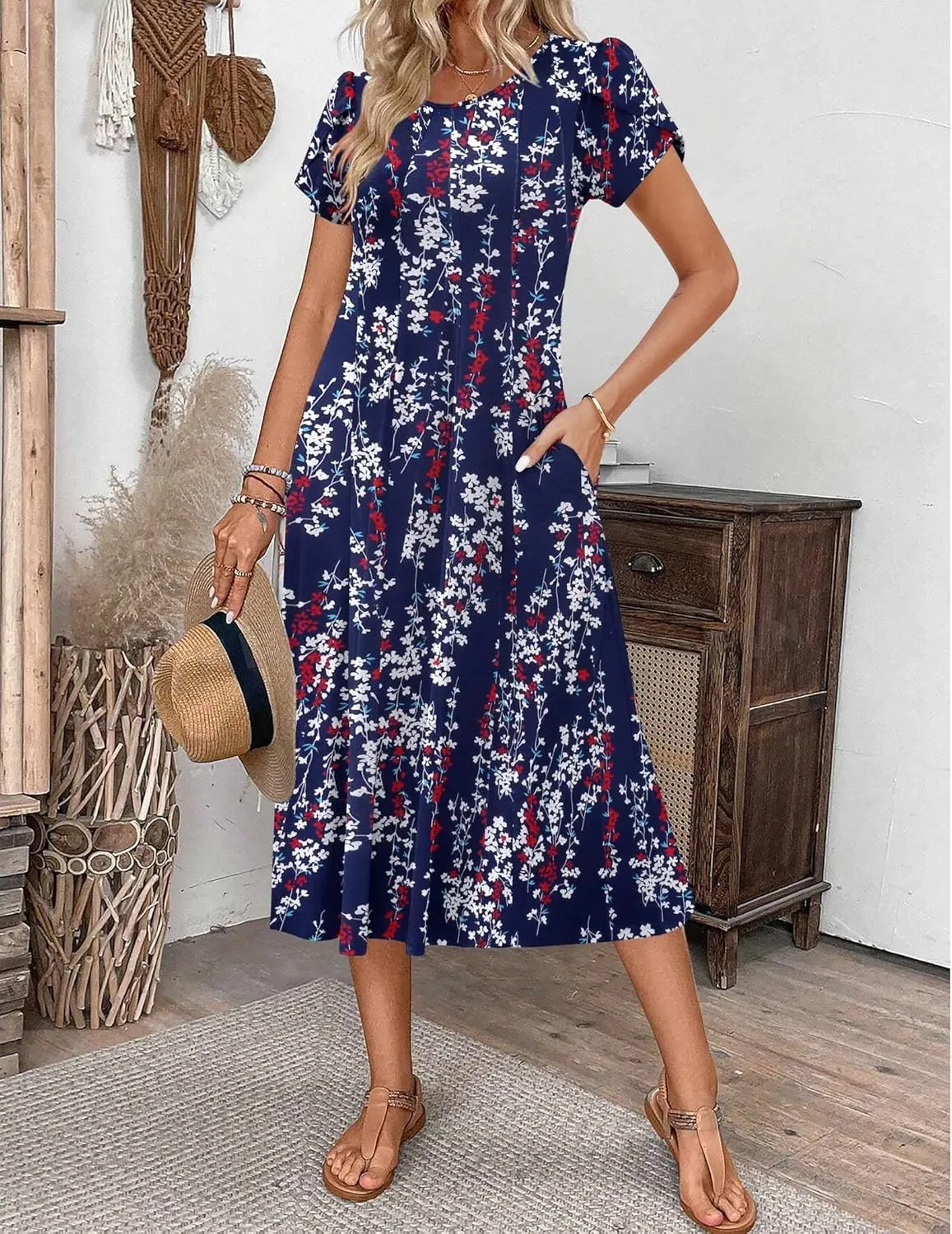 Zeagoo Womens Casual Dresses for Summer Short Sleeve Flare Midi Dress Loose Flowy Beach Sundress