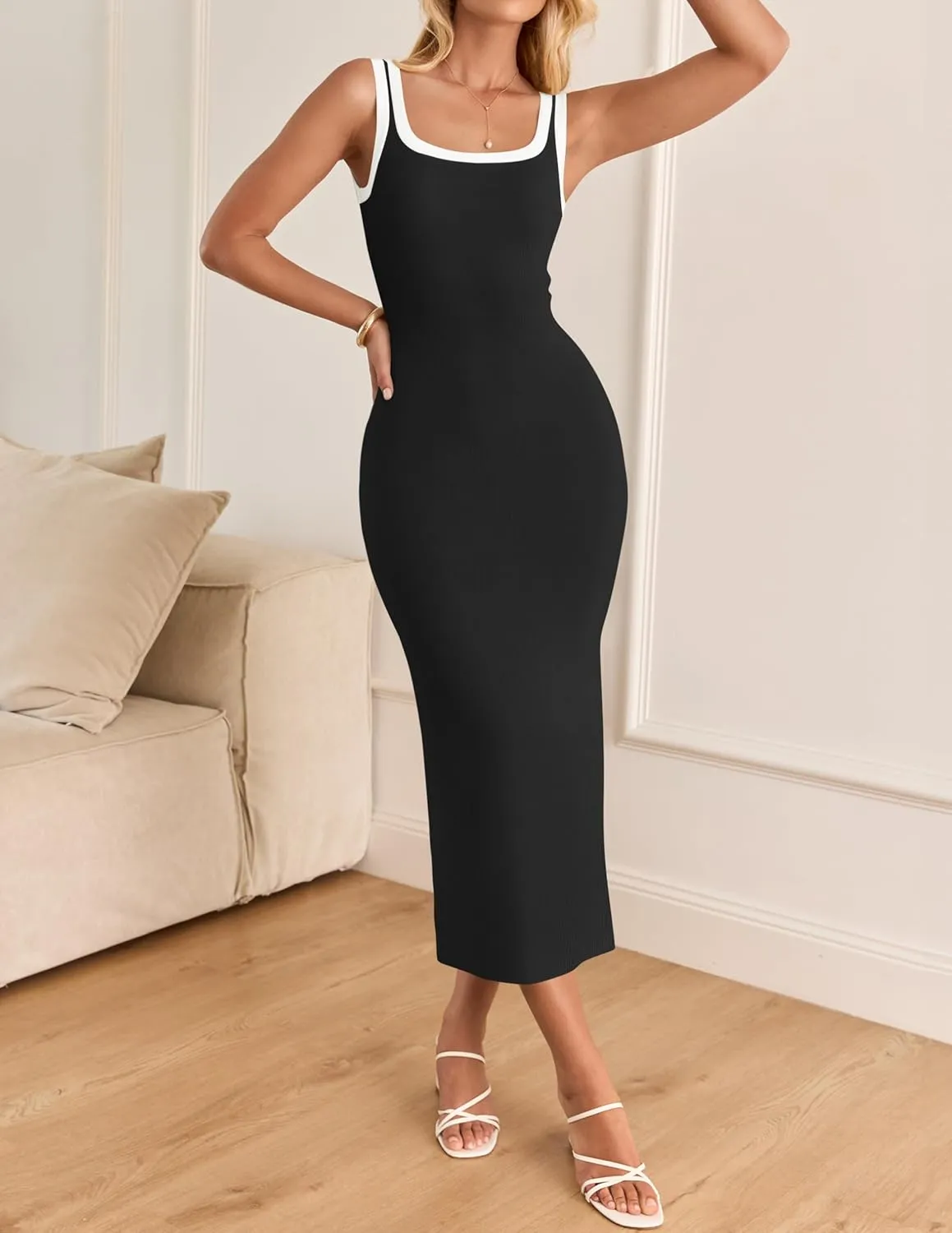 ZESICA Women's 2025 Summer Bodycon Midi Dress Casual Sleeveless Square Neck Side Slit Knit Vacation Long Dresses